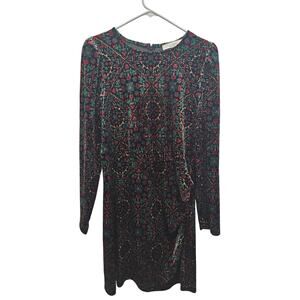 Loft Velvet Christmas Holiday Floral Holly Shift Dress Sz 10 Red Green Gold LS